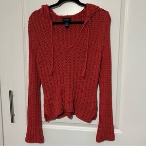 Women’s Coral red, long-sleeved, hooded, knit sweater from American Eagle